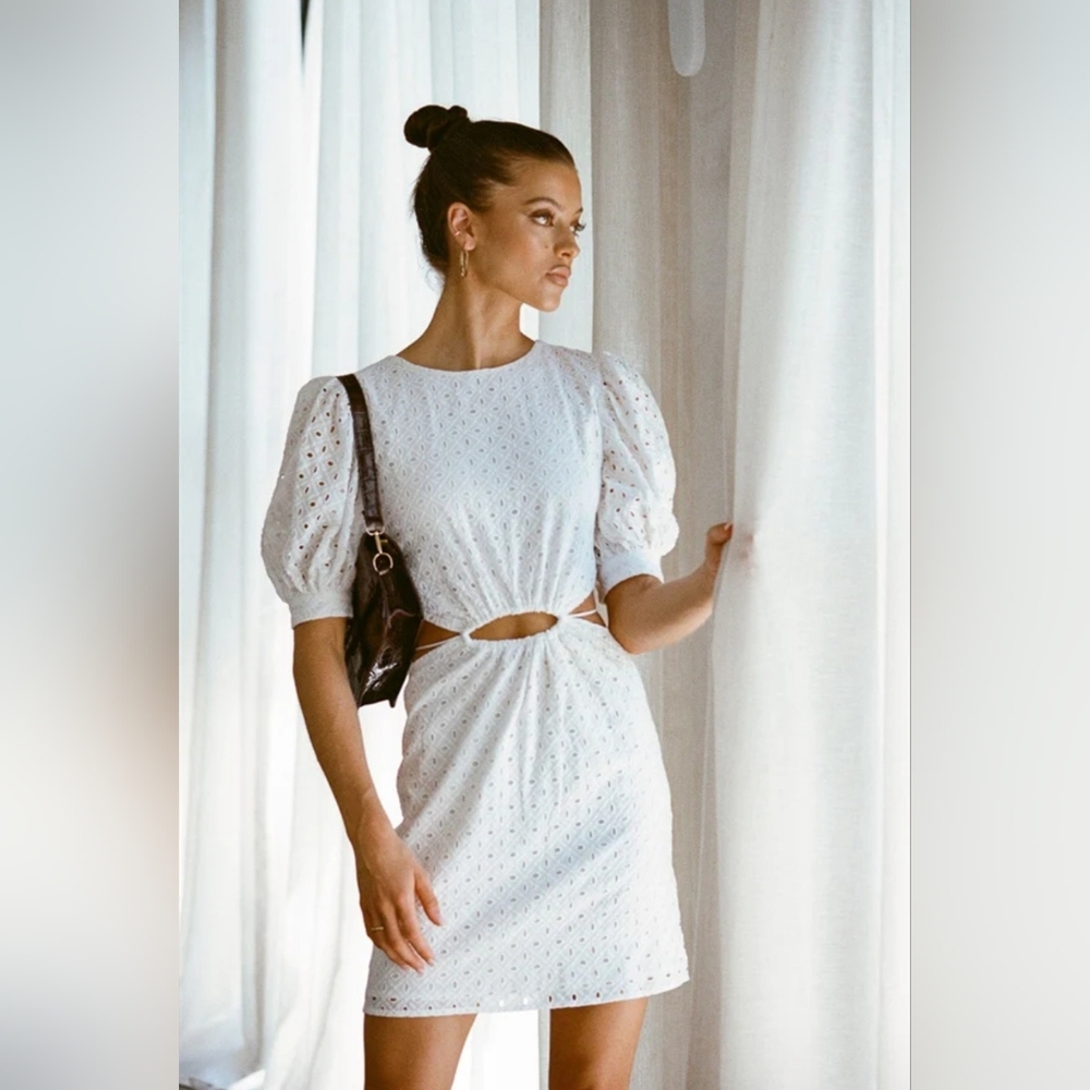 Sabo Skirt White Eyelet Puff-Sleeve Mini Dress - Picture 4 of 15